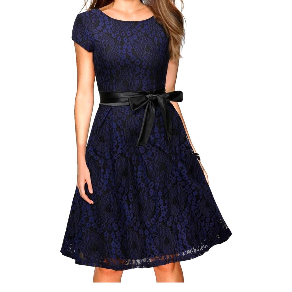 Miusol Navy and Black Floral Lace Women's Dress, Size Extra-Large (XL)